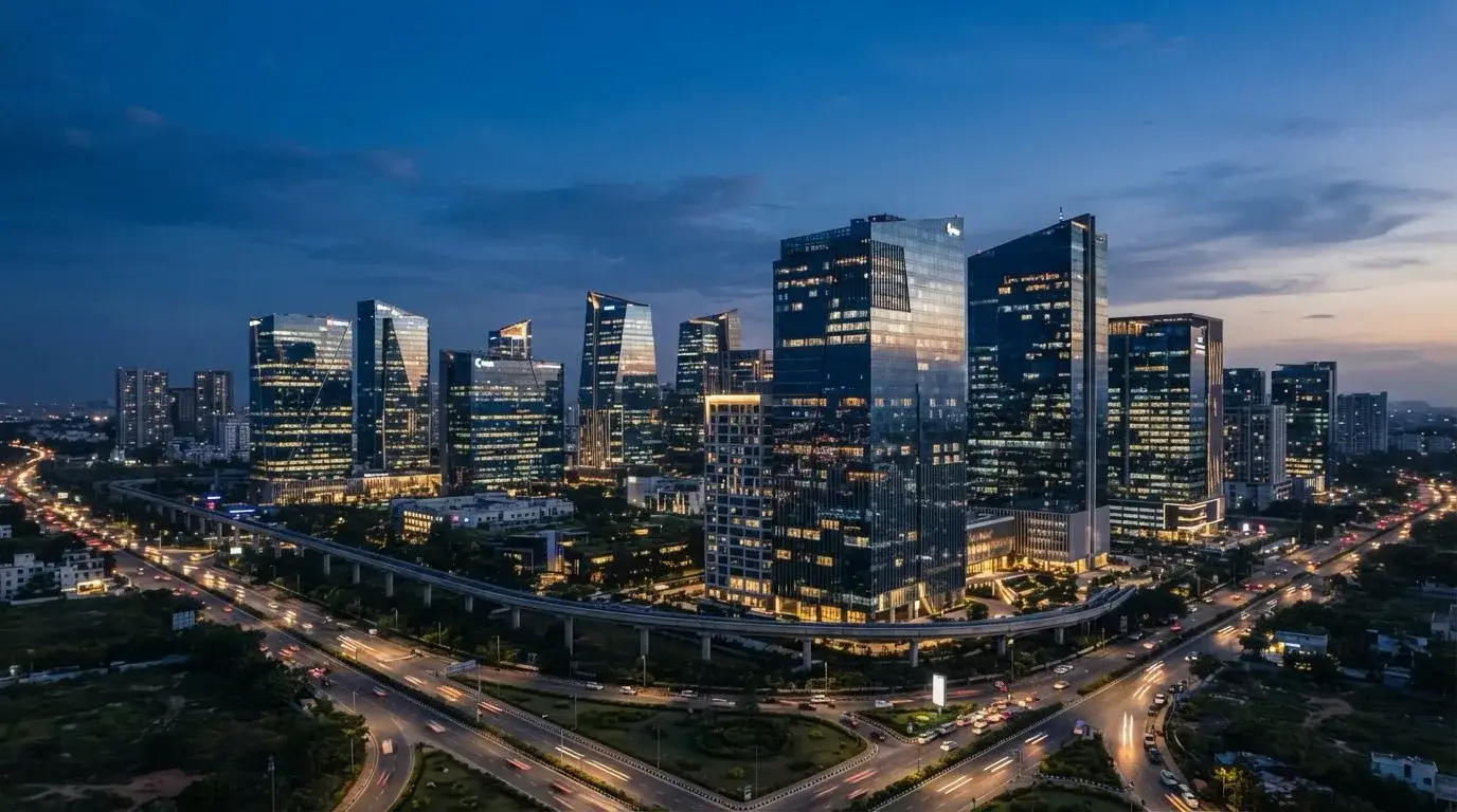 A financial-district skyline at dusk, towers lit above an elevated metro line