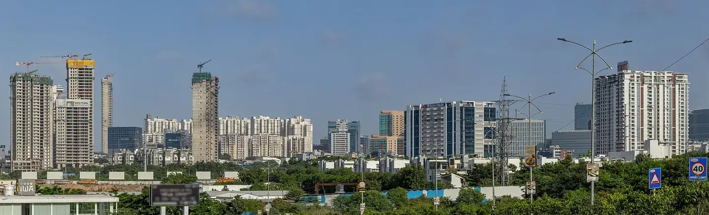 Financial District towers along the Hyderabad skyline at dusk