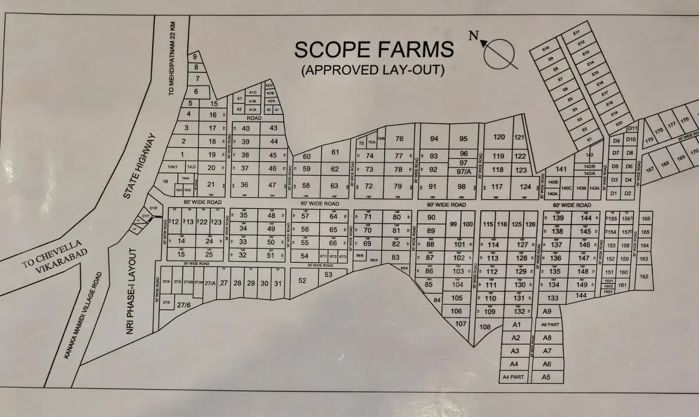 An approved plot layout drawing for a farm development near Moinabad