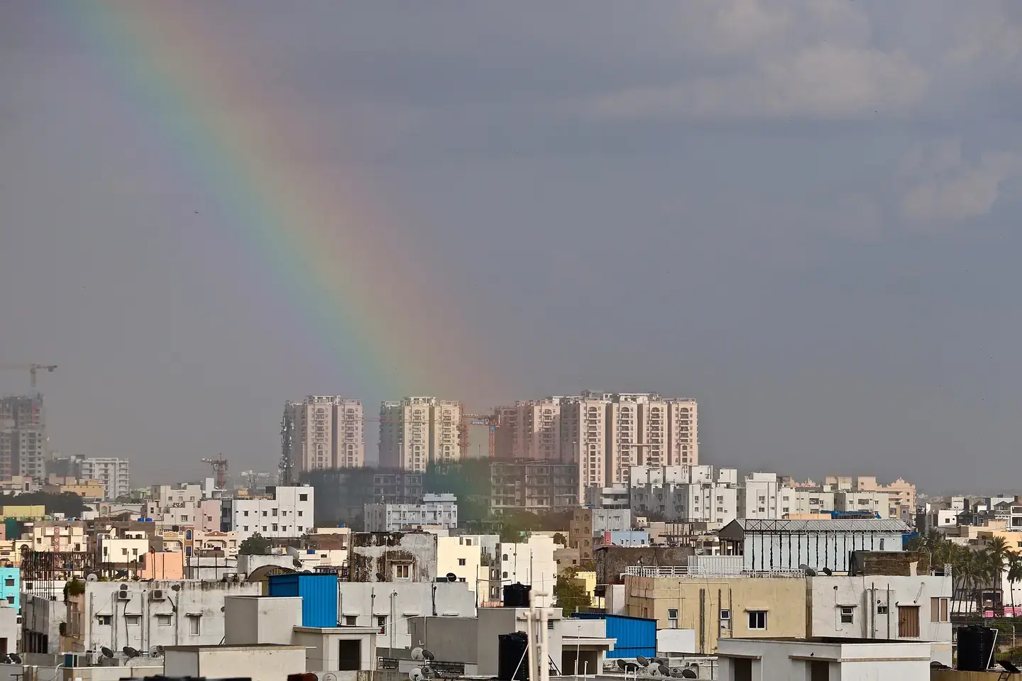A rainbow over a residential building in Hyderabad